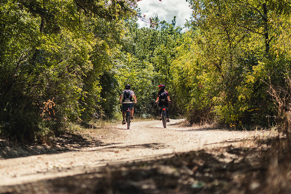 Due ciclisti ripresi di spalle mentre pedalano in e-bike su un sentiero ombreggiato e accessibile nei boschi vicino a Saturnia