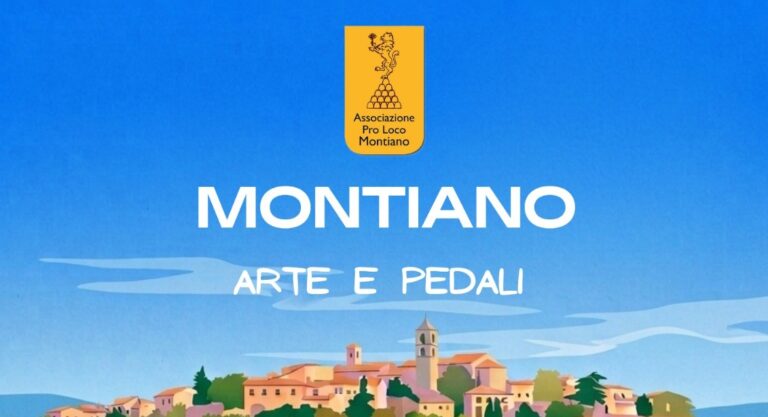 Illustrazione a colori del borgo collinare di Montiano in Maremma con la scritta Montiano Arte e Pedali e il simbolo della Pro Loco.